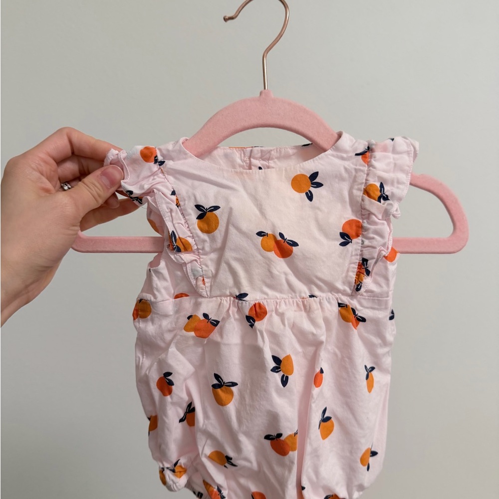 Jacadi Pink Romper with Orange Peach Print 3M like new